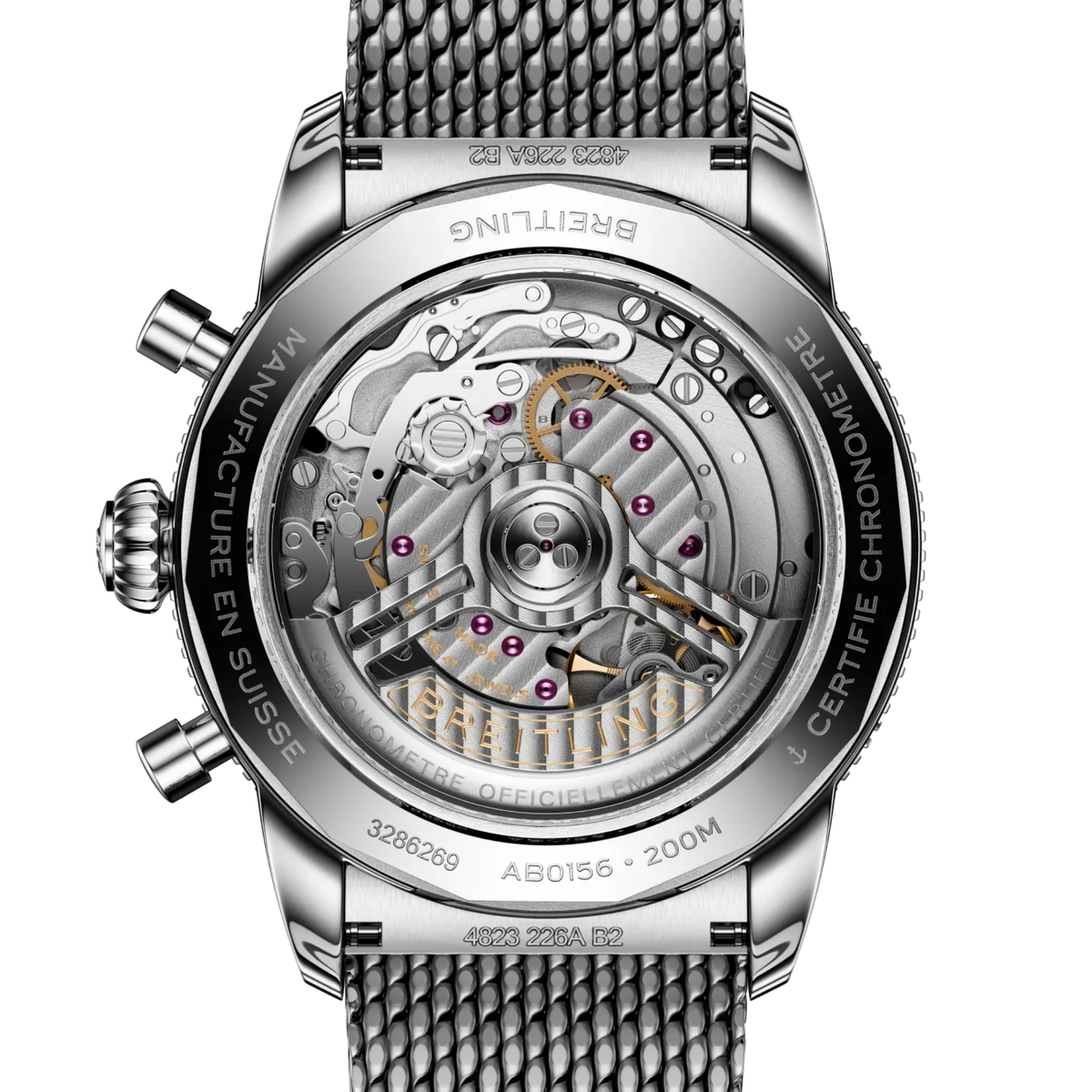 case back of Breitling Superocean Heritage Chronograph stainless steel watch engraved with 200m water resistance