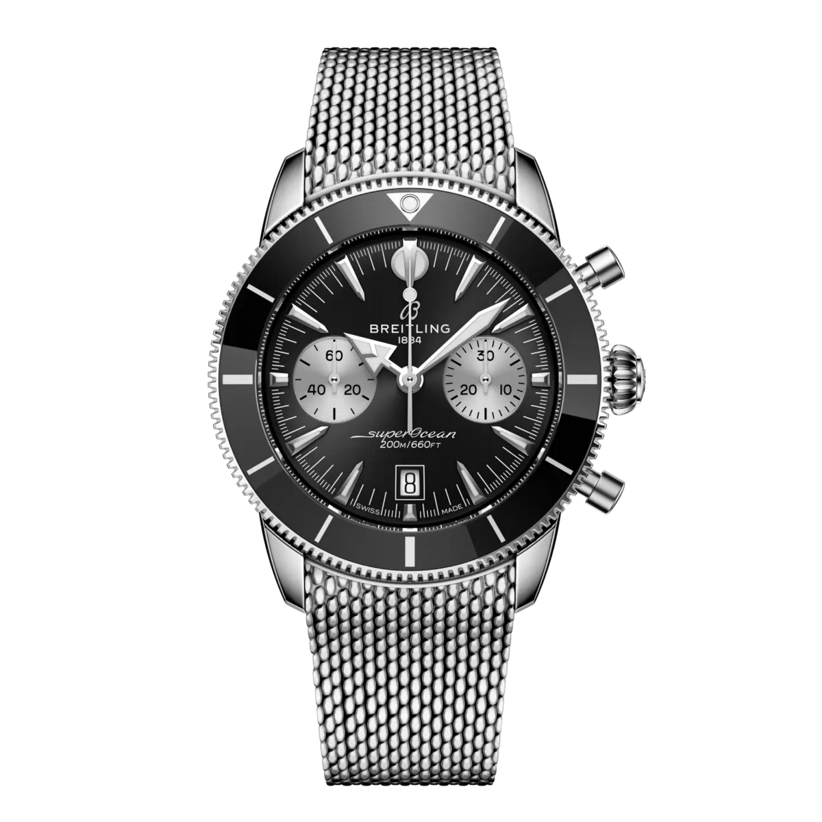 Breitling Superocean Heritage B01 Chronograph 42mm watch with black dial and stainless steel mesh bracelet