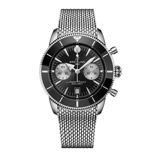Breitling Superocean Heritage B01 Chronograph 42mm watch with black dial and stainless steel mesh bracelet