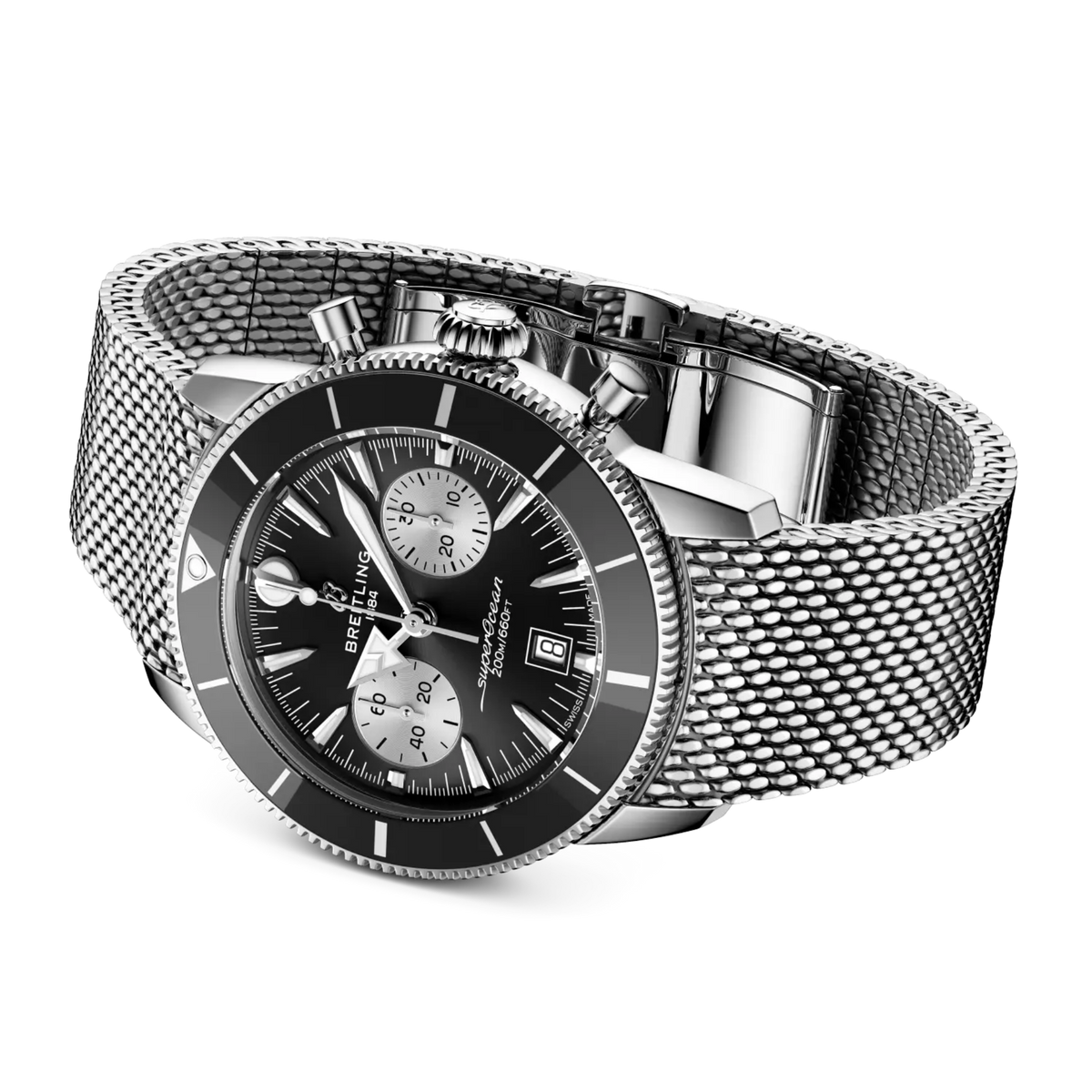 Breitling Superocean Heritage B01 watch with black chronograph dial and stainless steel mesh bracelet