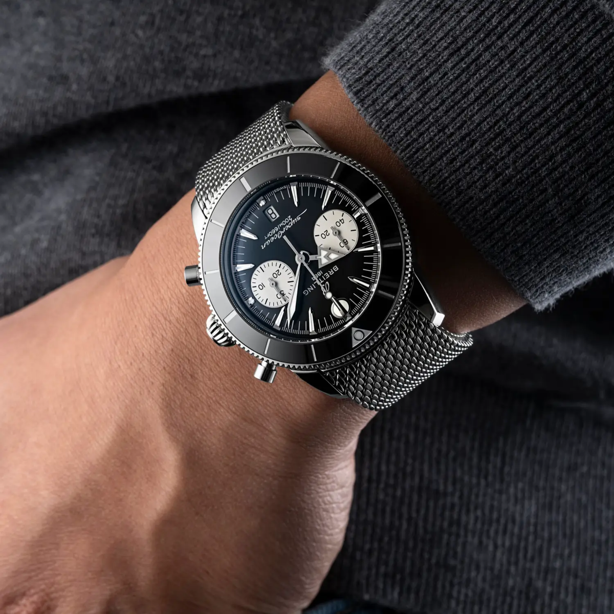 Breitling Superocean Heritage 42mm Swiss automatic chronograph with black dial and steel bracelet