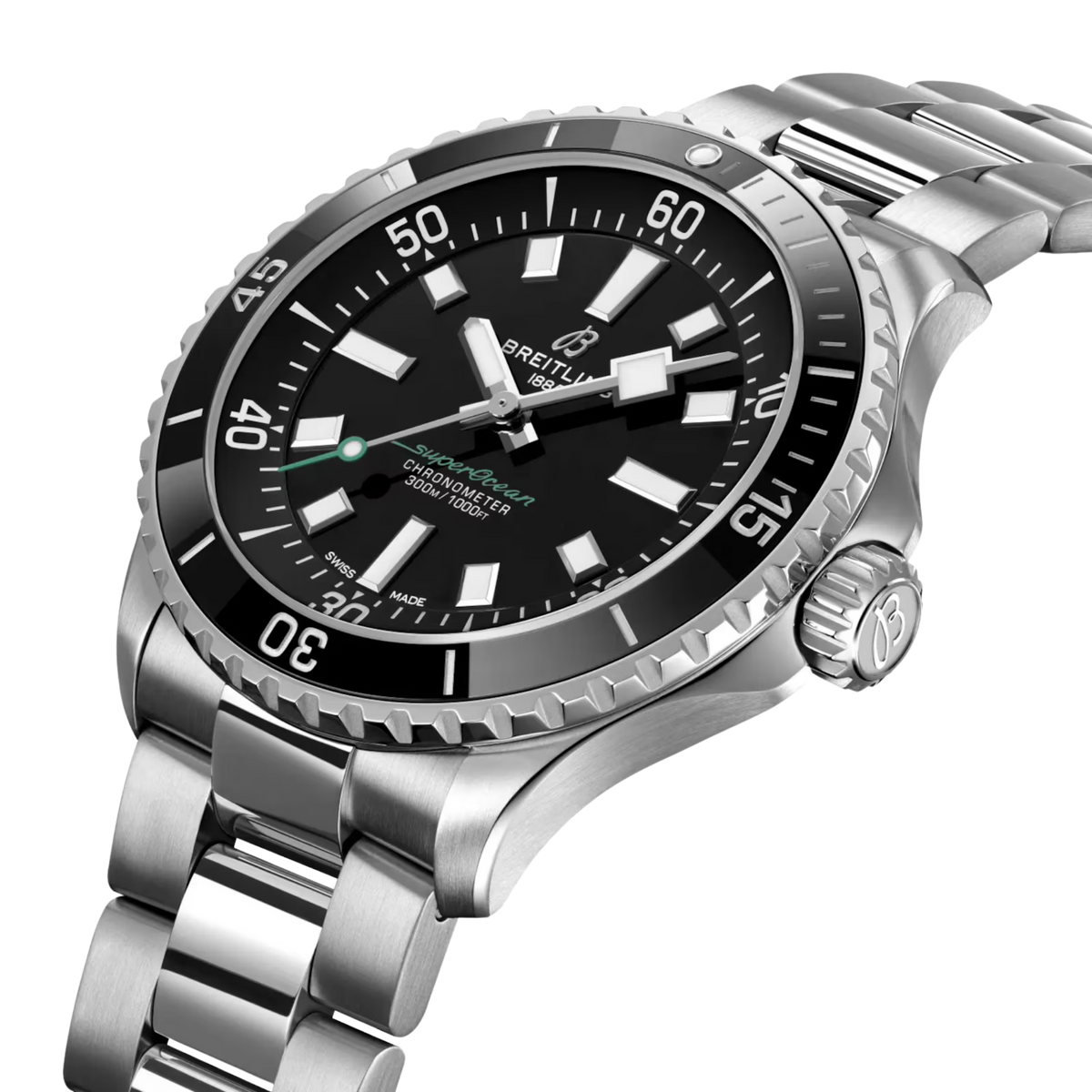 Crafted from stainless steel, its robust 42mm case combines the distinctive design language of Breitling's celebrated dive watch with an understated black-on-black aesthetic created specifically for the UK market.