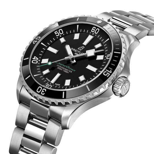 Crafted from stainless steel, its robust 42mm case combines the distinctive design language of Breitling's celebrated dive watch with an understated black-on-black aesthetic created specifically for the UK market.