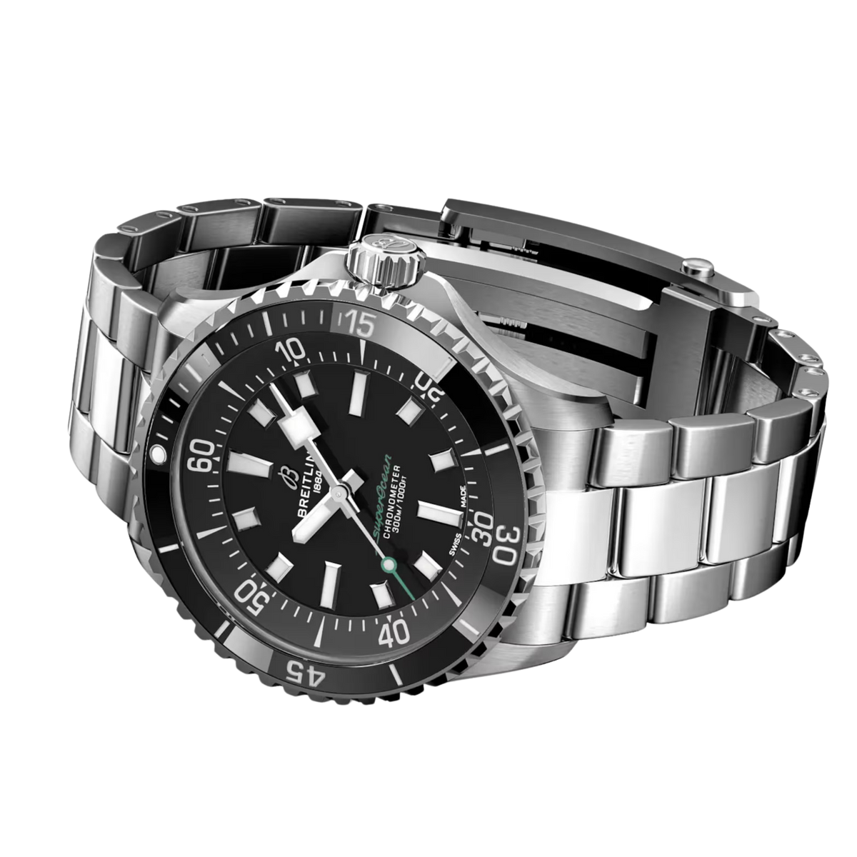 The black dial and matching scratch-resistant ceramic bezel create a monochromatic appearance, while sharp green detailing on the Superocean signature and seconds hand adds a distinctive touch of colour. 