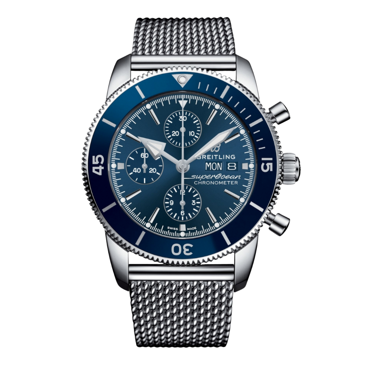 Breitling Superocean Heritage Chronograph blue dial stainless steel mesh bracelet watch with day-date display