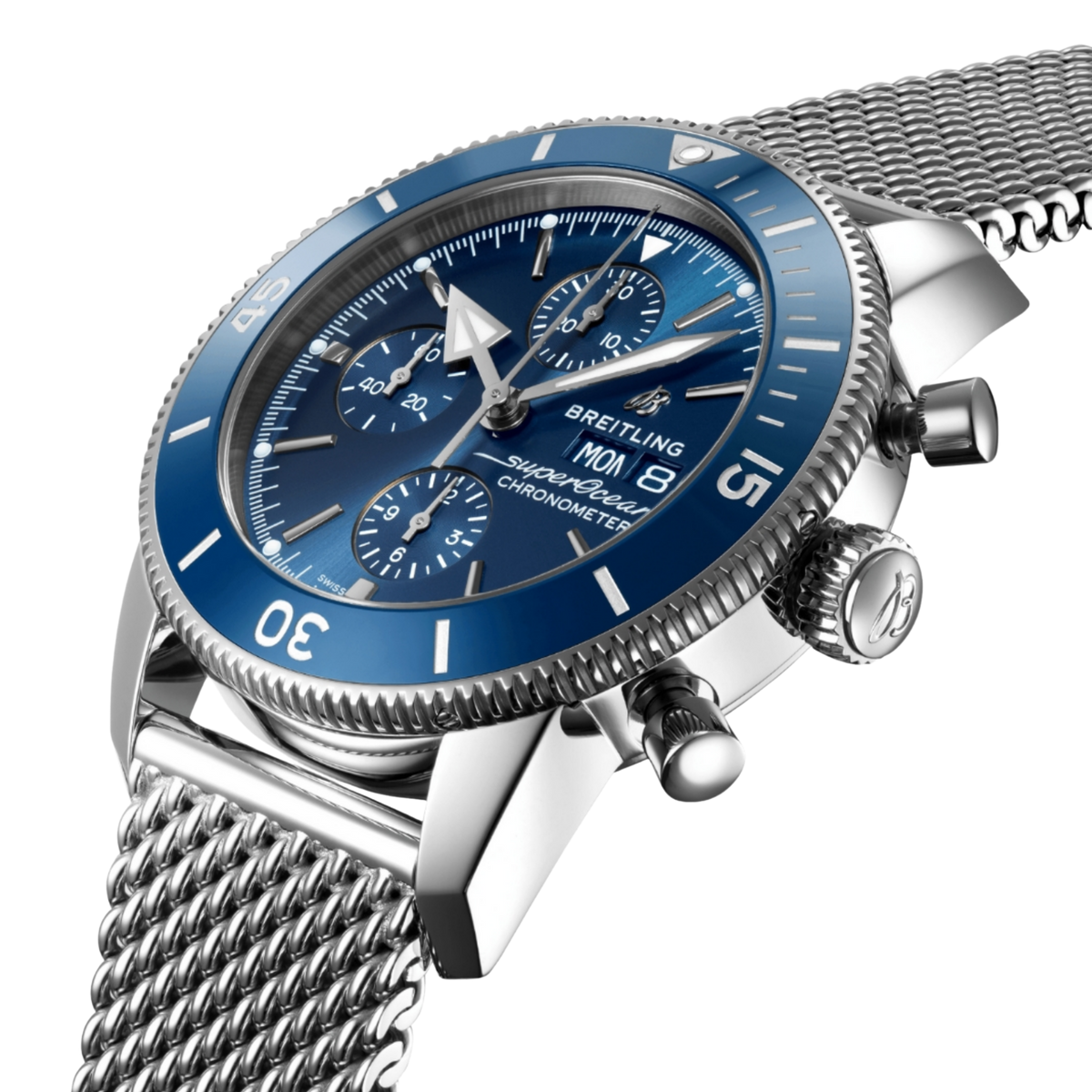 side view of Breitling Superocean Heritage Chronograph stainless steel case with blue ceramic bezel and chronograph pushers
