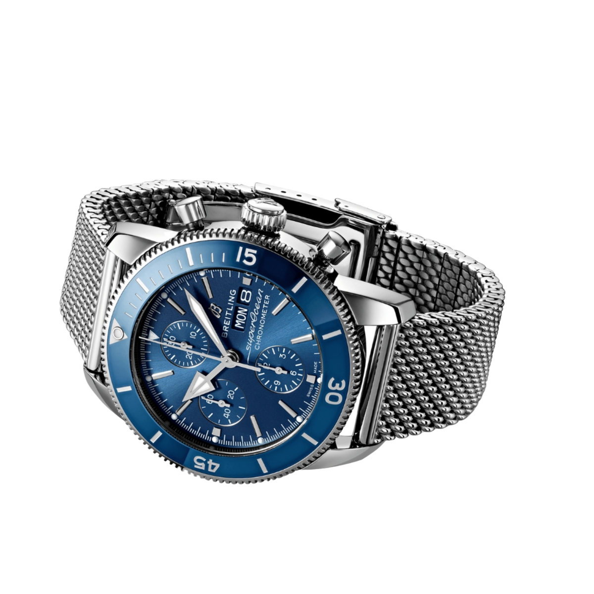case back of Breitling Superocean Heritage Chronograph stainless steel watch engraved with chronometer certification and water resistance
