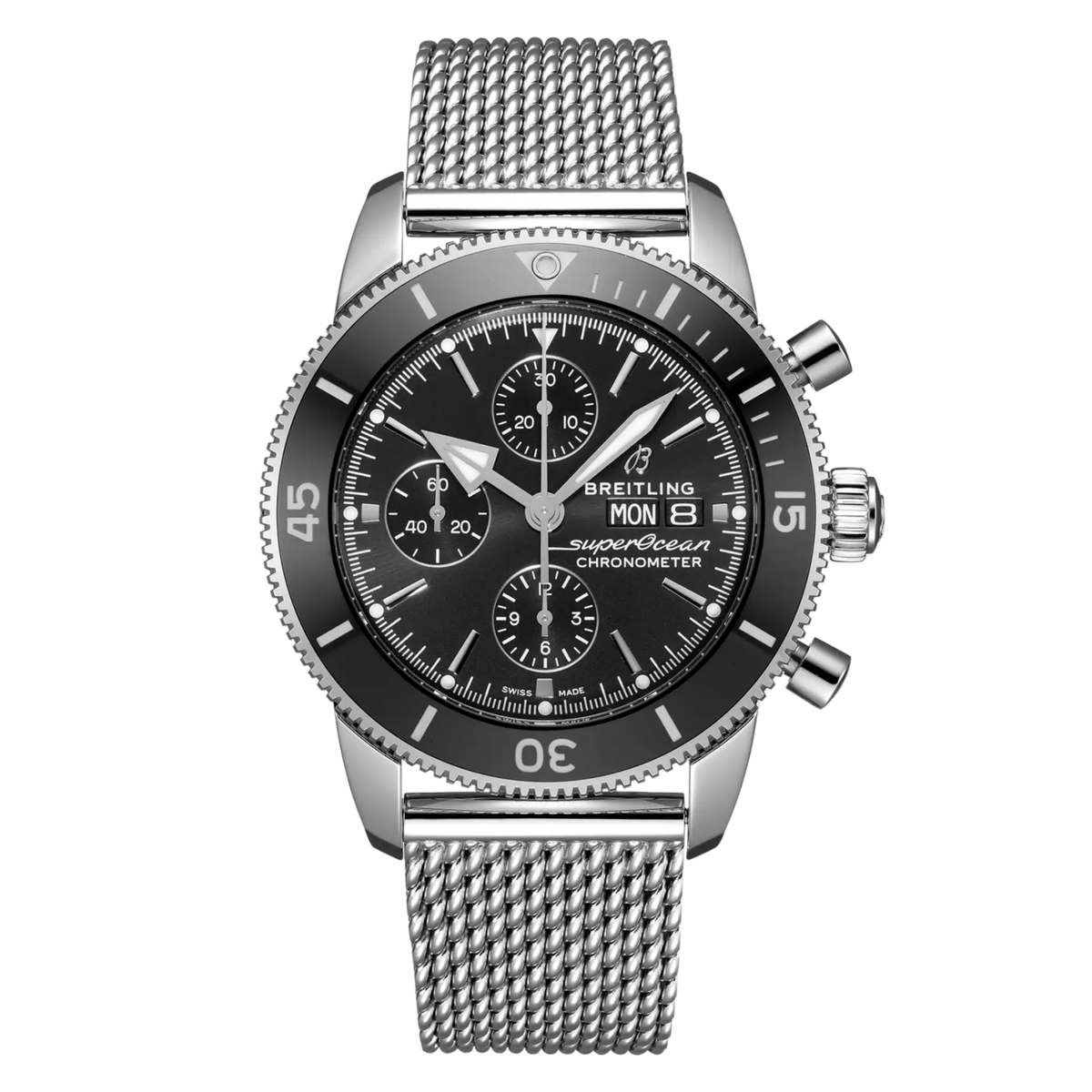 Breitling Superocean Heritage Chronograph black dial stainless steel mesh bracelet watch with day-date display