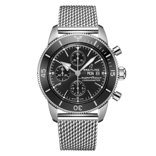 Breitling Superocean Heritage Chronograph black dial stainless steel mesh bracelet watch with day-date display