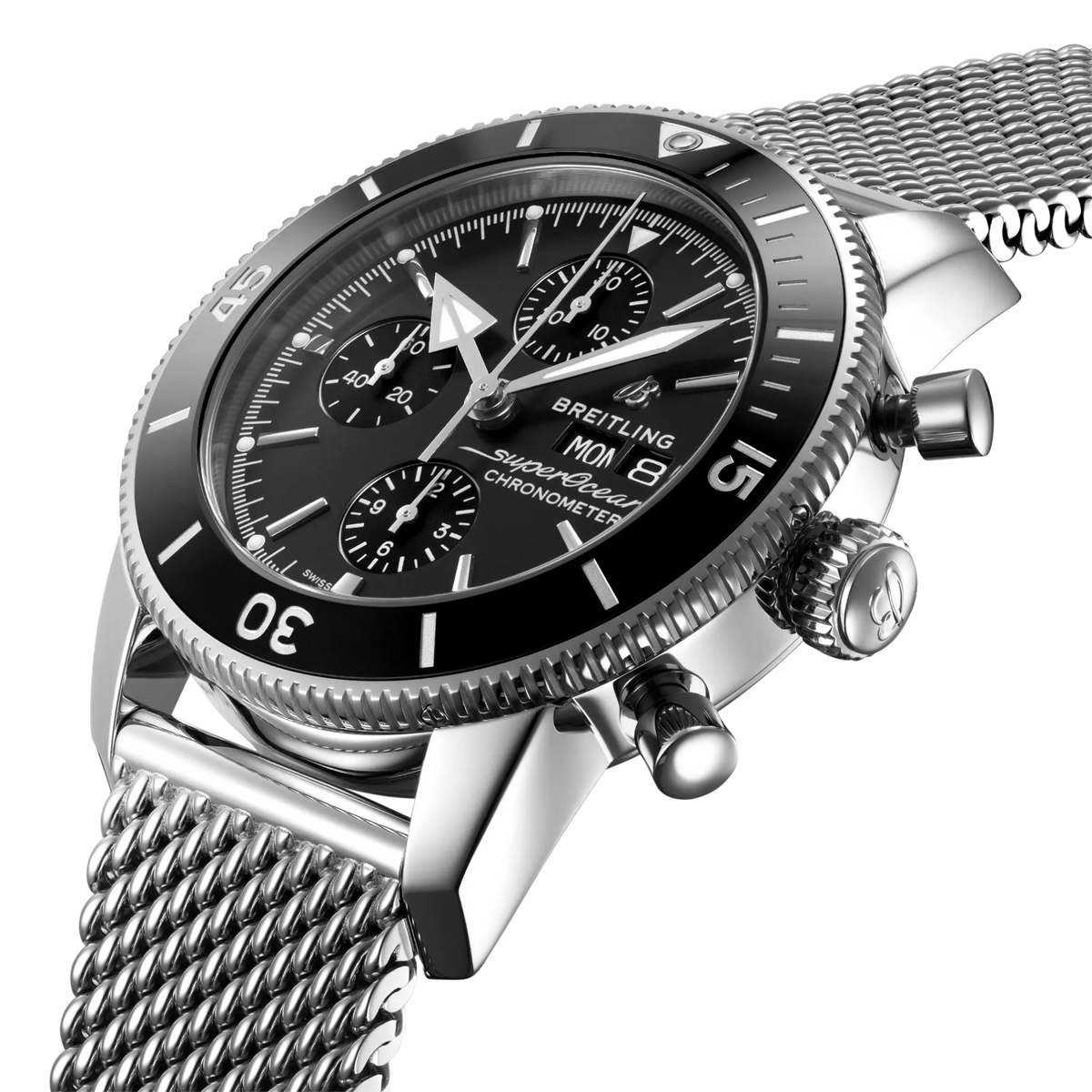 side view of Breitling Superocean Heritage Chronograph stainless steel case with black ceramic bezel and chronograph pushers