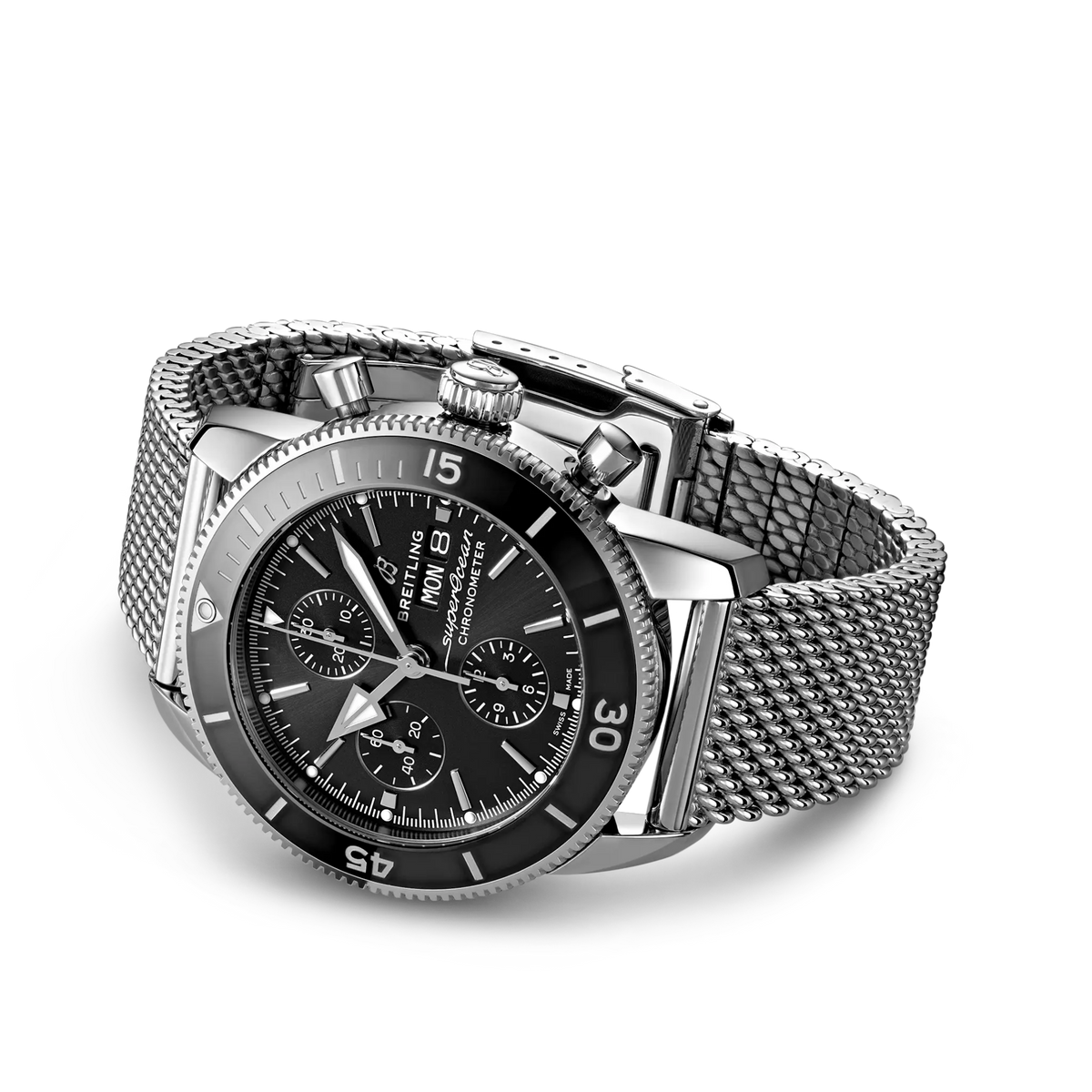 Breitling Superocean Heritage Chronograph black dial mesh bracelet watch with classic diver chronograph styling
