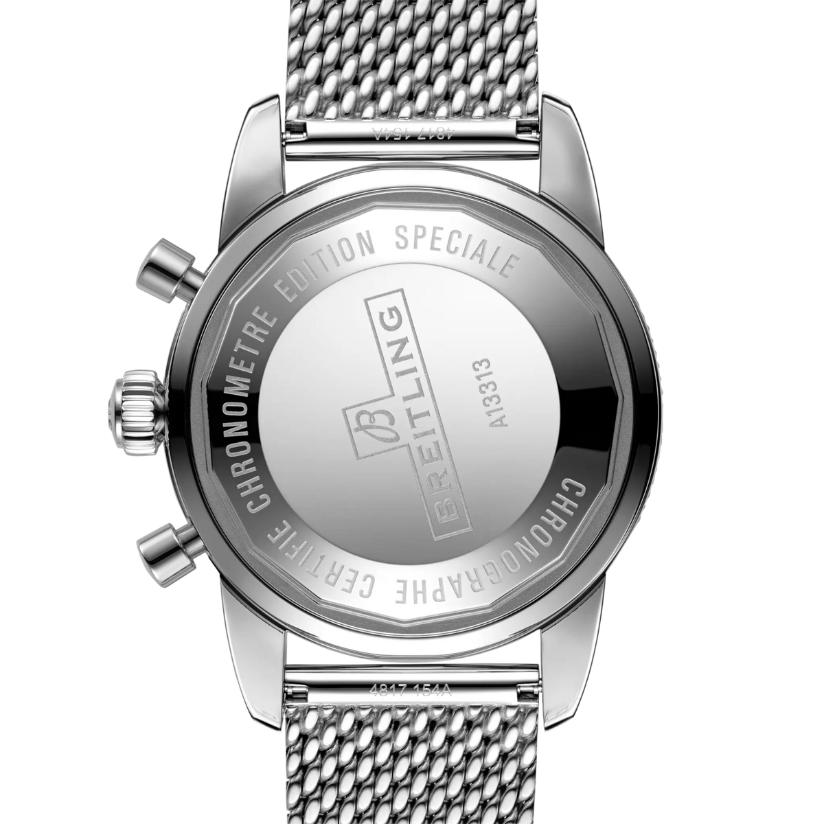 case back of Breitling Superocean Heritage Chronograph stainless steel watch engraved with chronometer certification and water resistance