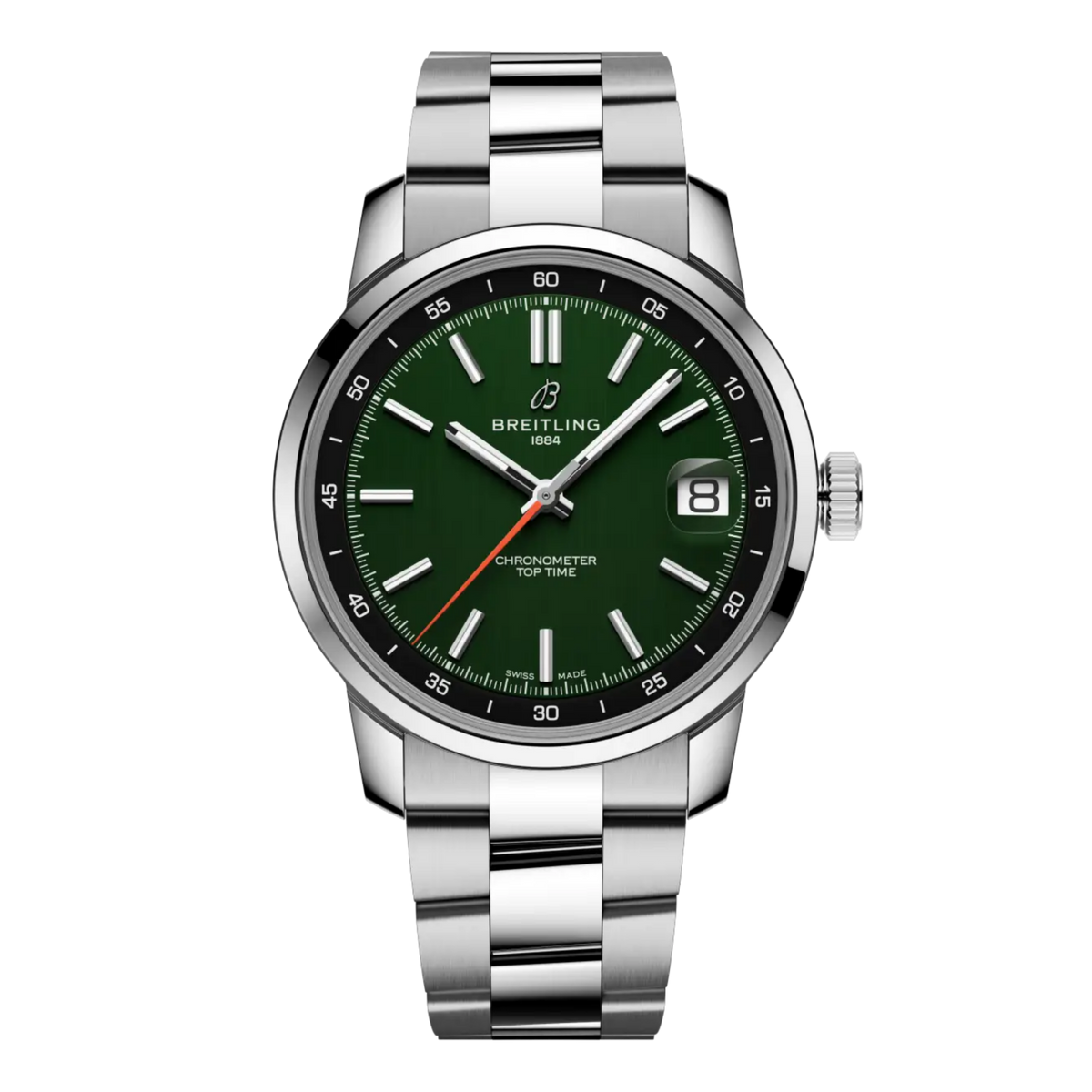 Breitling Top Time B31 watch with green dial and a stainless steel bracelet.