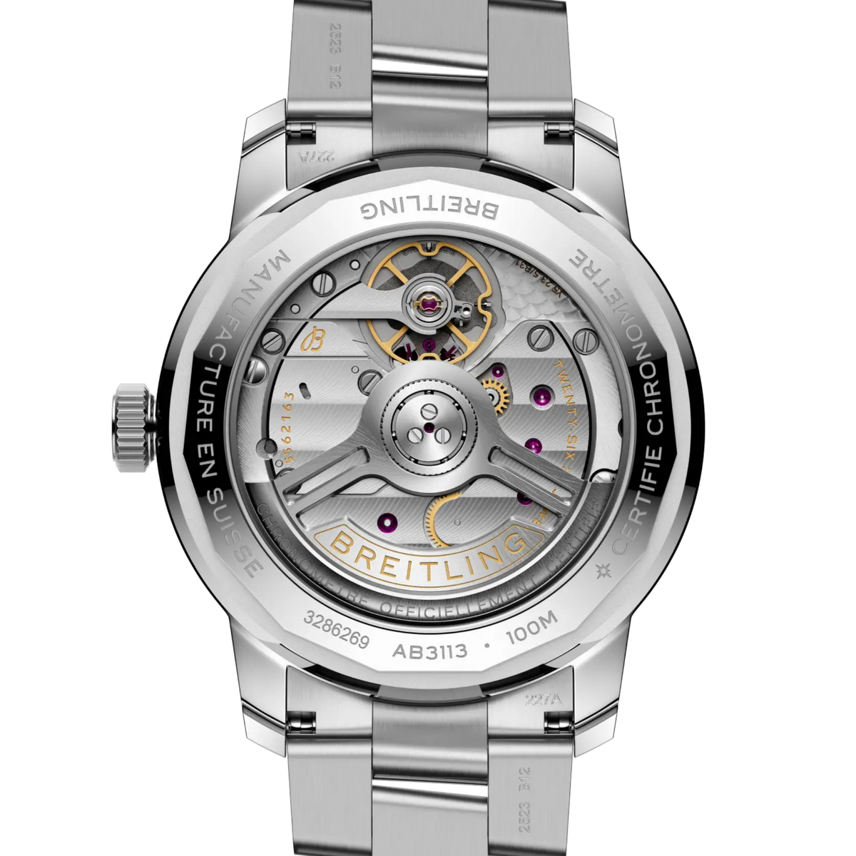 case back of Breitling Top Time stainless steel watch engraved with chronometer certification
