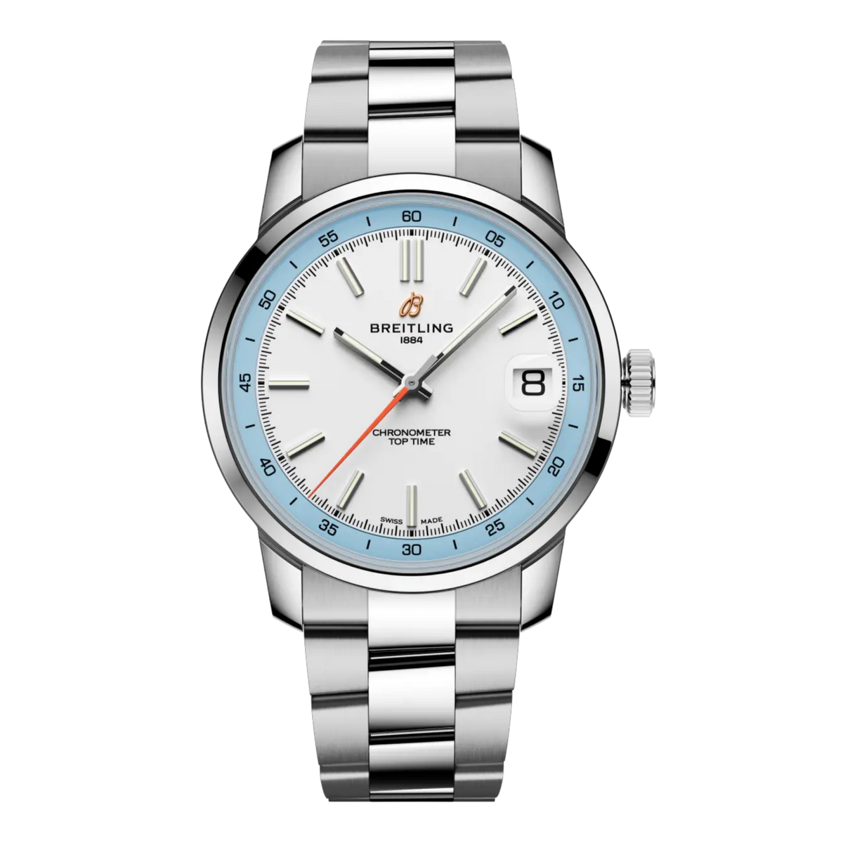 Breitling Top Time white dial stainless steel bracelet watch with light blue chapter ring.