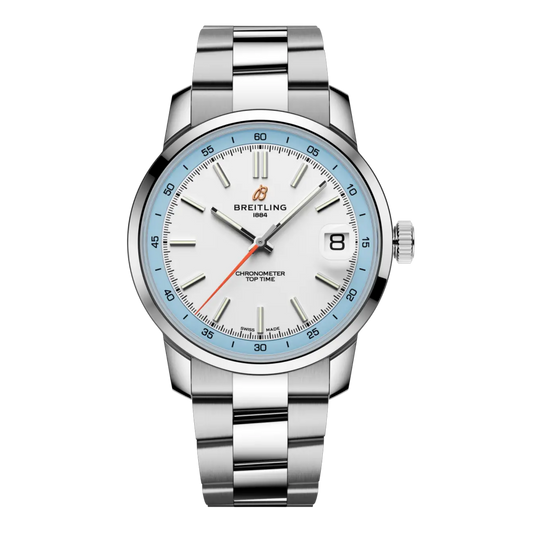 Breitling Top Time white dial stainless steel bracelet watch with light blue chapter ring.