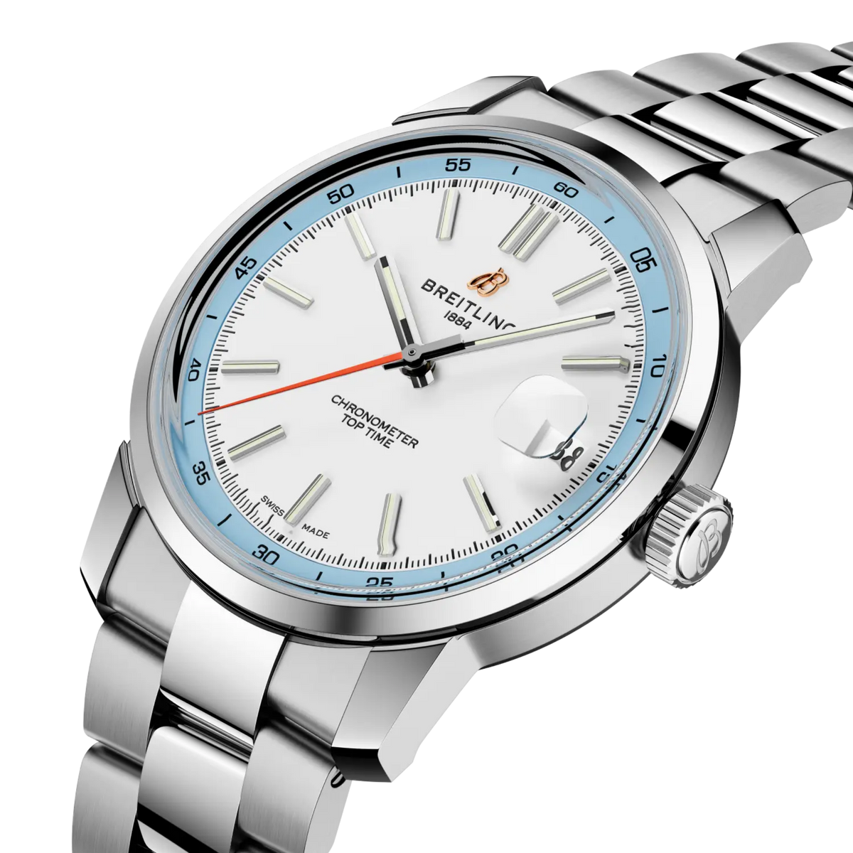 side view of Breitling Top Time stainless steel case with polished bezel and crown detail