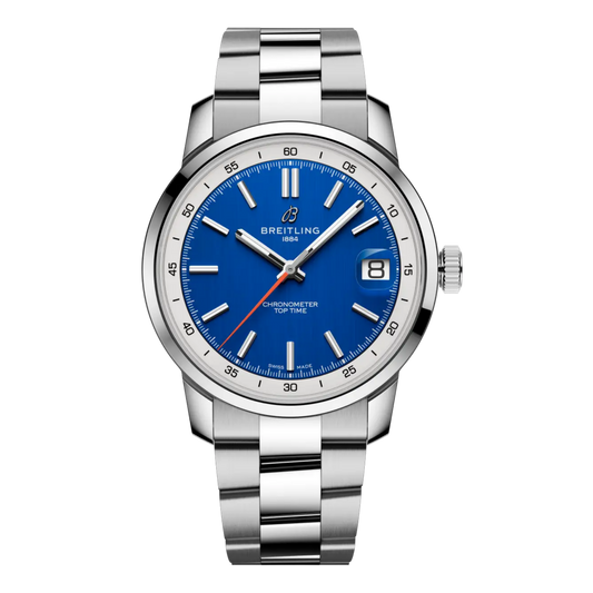 Breitling Top Time blue dial stainless steel bracelet watch with contrasting silver outer ring