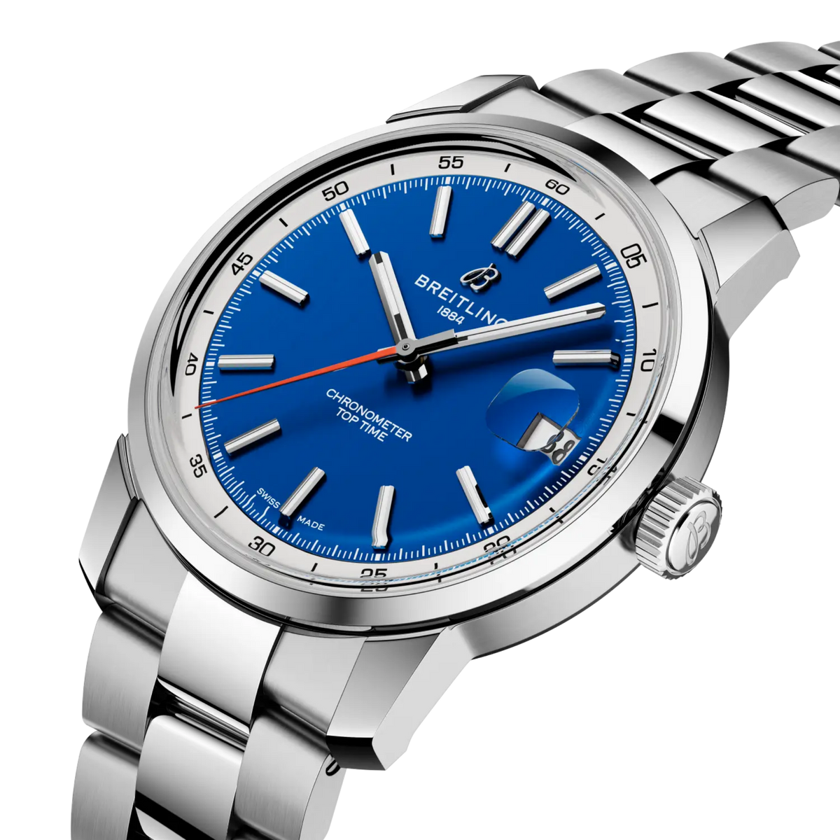 side view of Breitling Top Time stainless steel case highlighting the polished bezel and crown