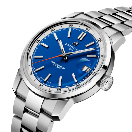 side view of Breitling Top Time stainless steel case highlighting the polished bezel and crown