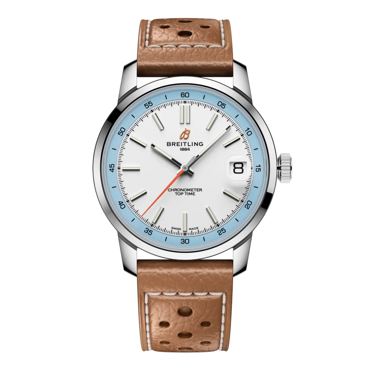 Breitling Top Time white dial watch with light blue chapter ring and brown perforated leather strap