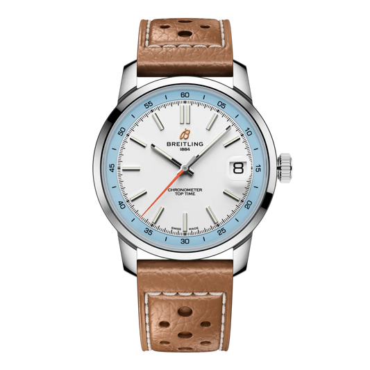 Breitling Top Time white dial watch with light blue chapter ring and brown perforated leather strap
