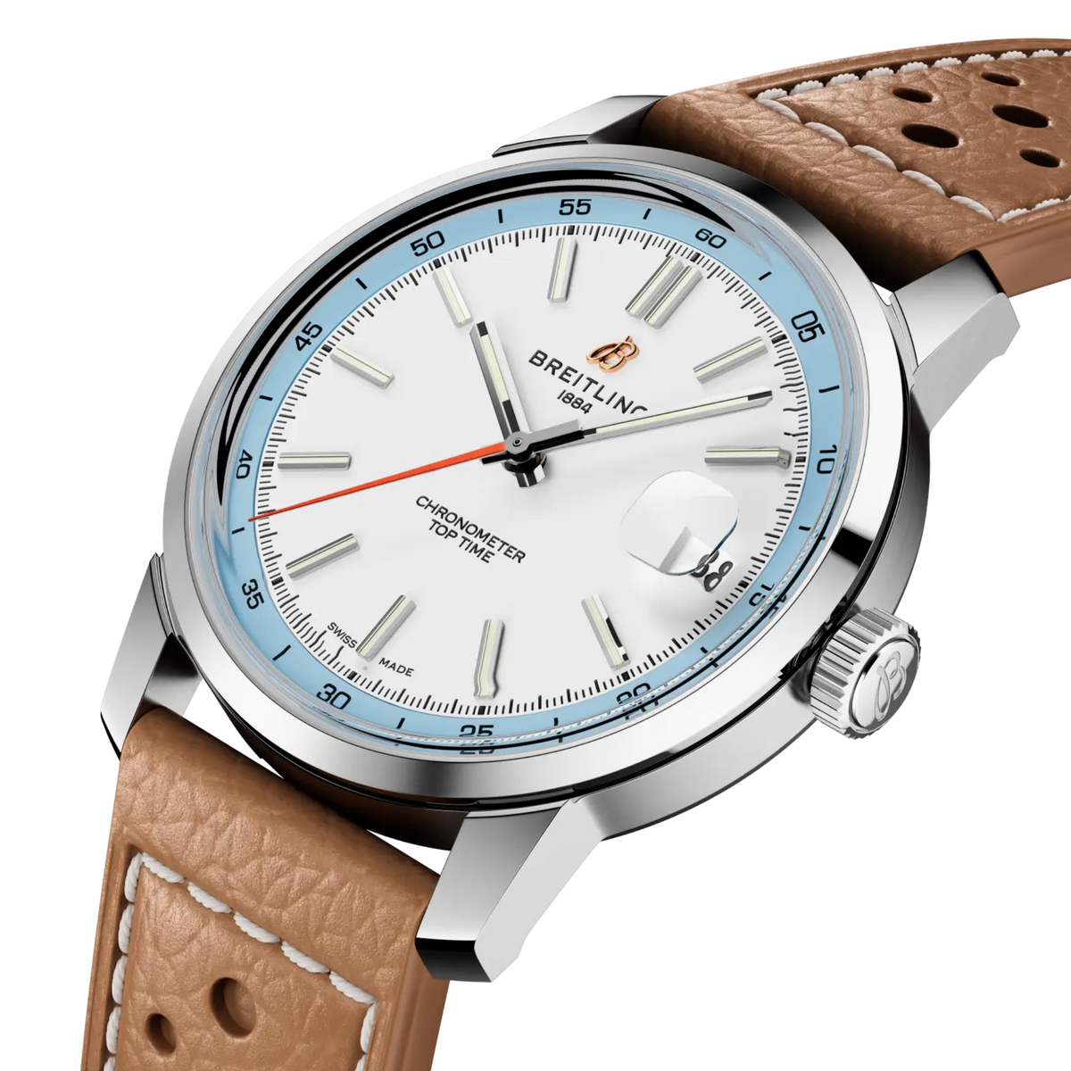 side view of Breitling Top Time stainless steel case showing the polished bezel and crown detailing