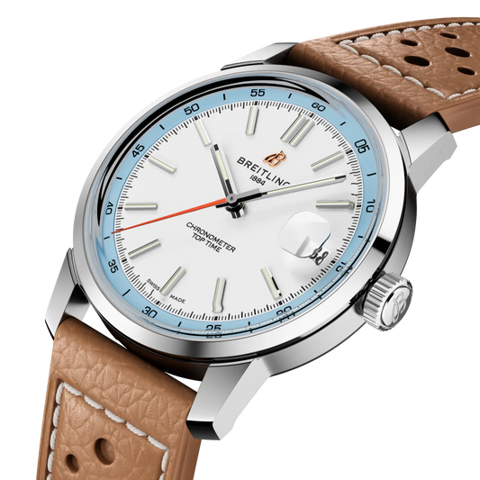 side view of Breitling Top Time stainless steel case showing the polished bezel and crown detailing