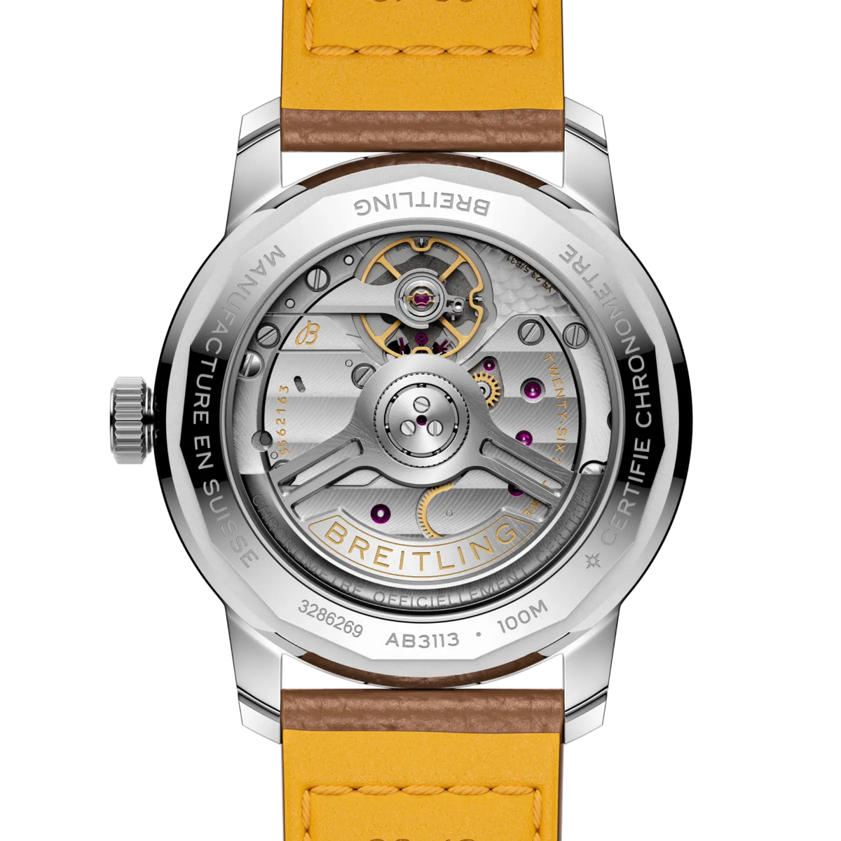 case back of Breitling Top Time stainless steel watch with engraved chronometer markings