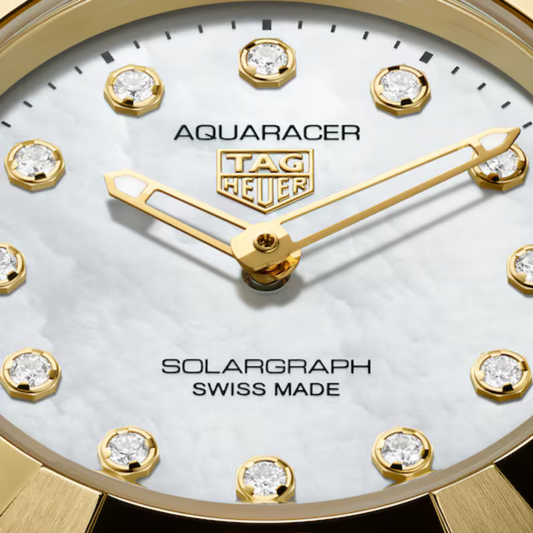Close-up of the TAG Heuer Aquaracer Solargraph mother-of-pearl dial with diamond hour markers.