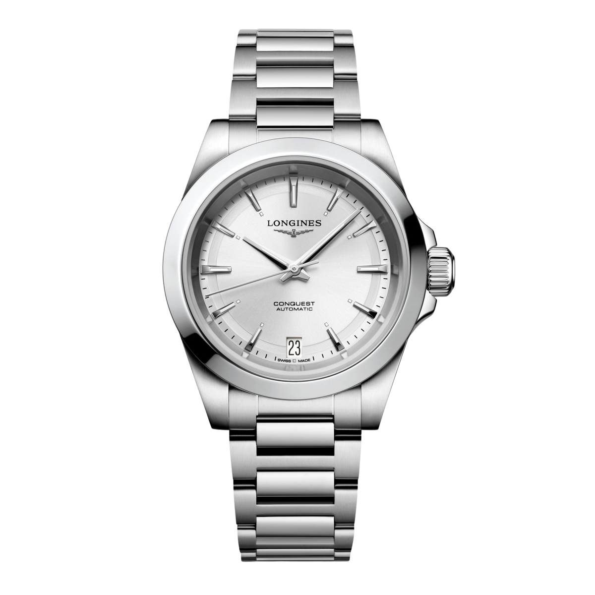 front view of Longines Conquest Automatic blue dial watch with diamond hour markers and stainless steel bracelet
