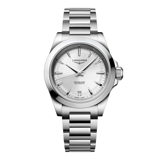 front view of Longines Conquest Automatic blue dial watch with diamond hour markers and stainless steel bracelet
