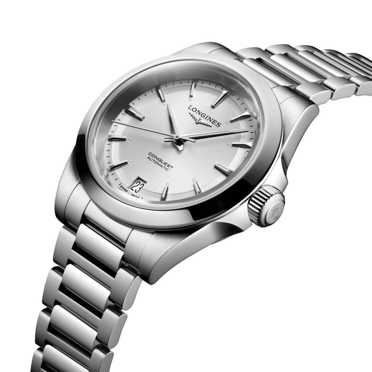 Longines Conquest blue dial automatic watch worn on the wrist with diamond detailing and polished stainless steel finish
