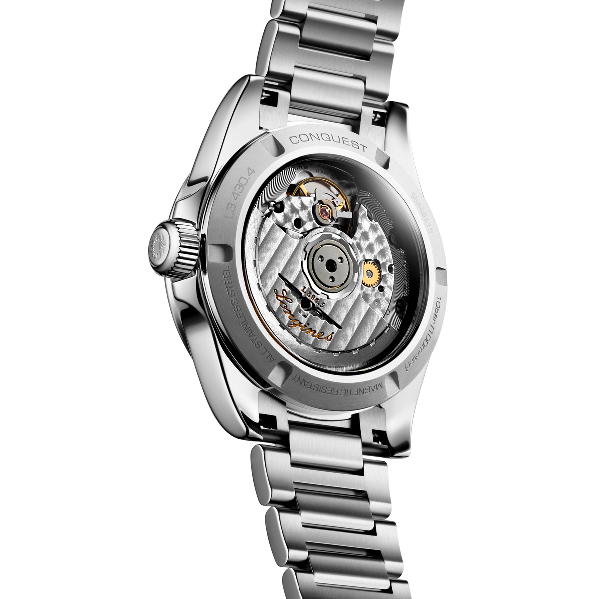 back of Longines Conquest Automatic stainless steel watch showing the engraved case back and bracelet clasp detail
