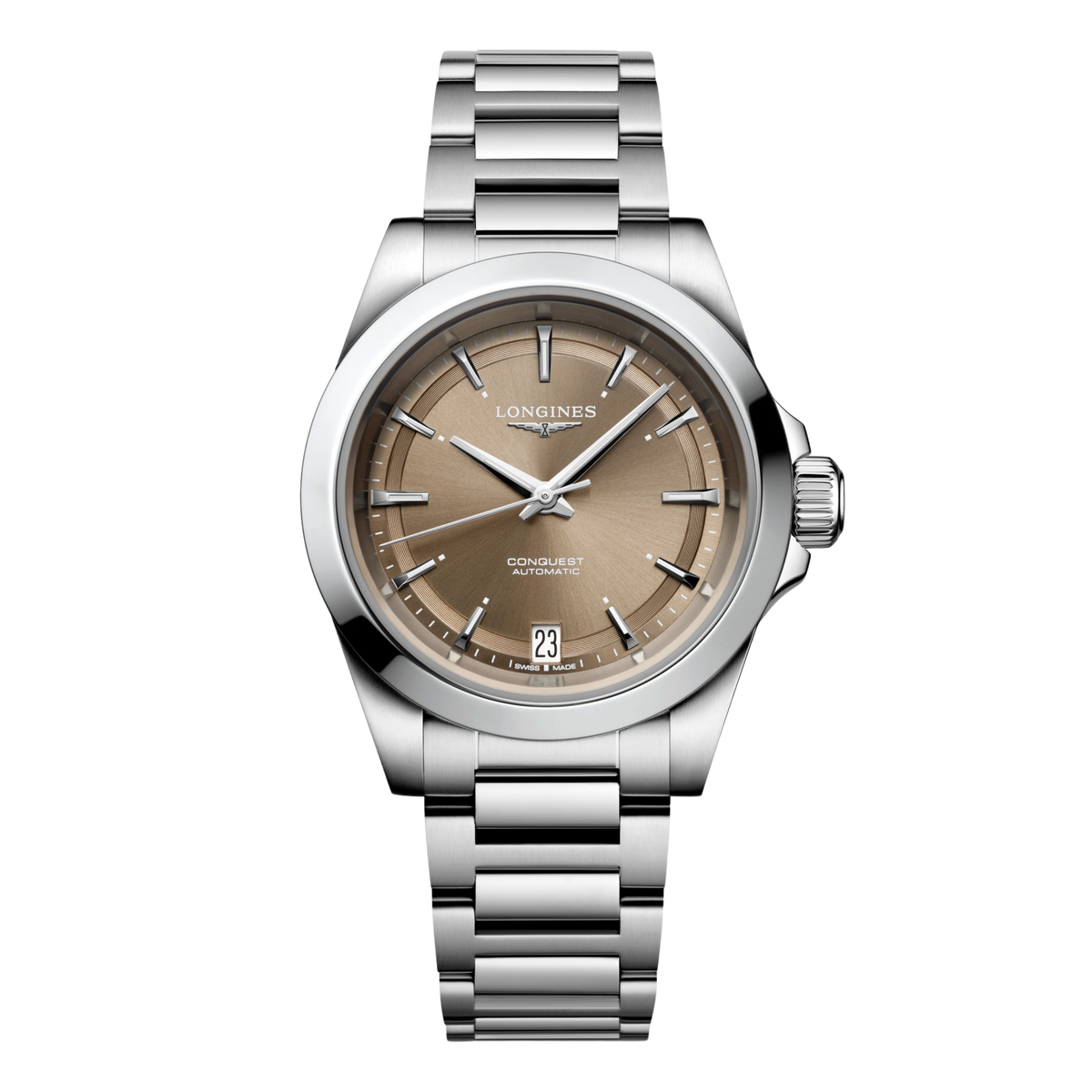 front view of Longines Conquest Automatic champagne dial watch with stainless steel bracelet and date window