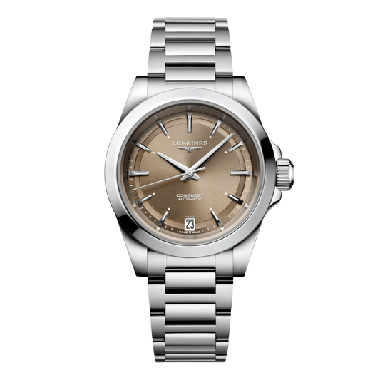 front view of Longines Conquest Automatic champagne dial watch with stainless steel bracelet and date window