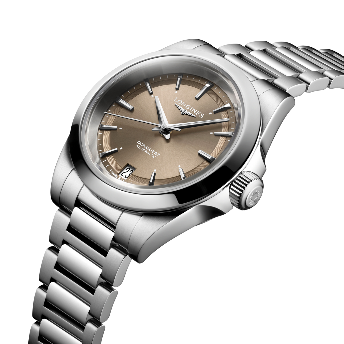 close up of the Longines Conquest champagne sunray dial featuring polished silver hands, applied markers and date display
