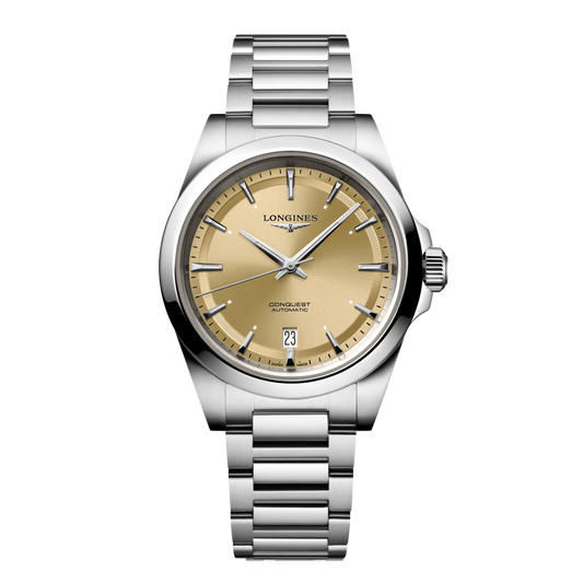 front view of Longines Conquest Automatic champagne dial watch with stainless steel bracelet and date window