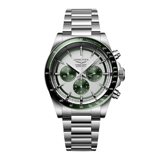 front view of Longines Conquest Automatic chronograph watch with silver dial, green sub dials and stainless steel bracelet
