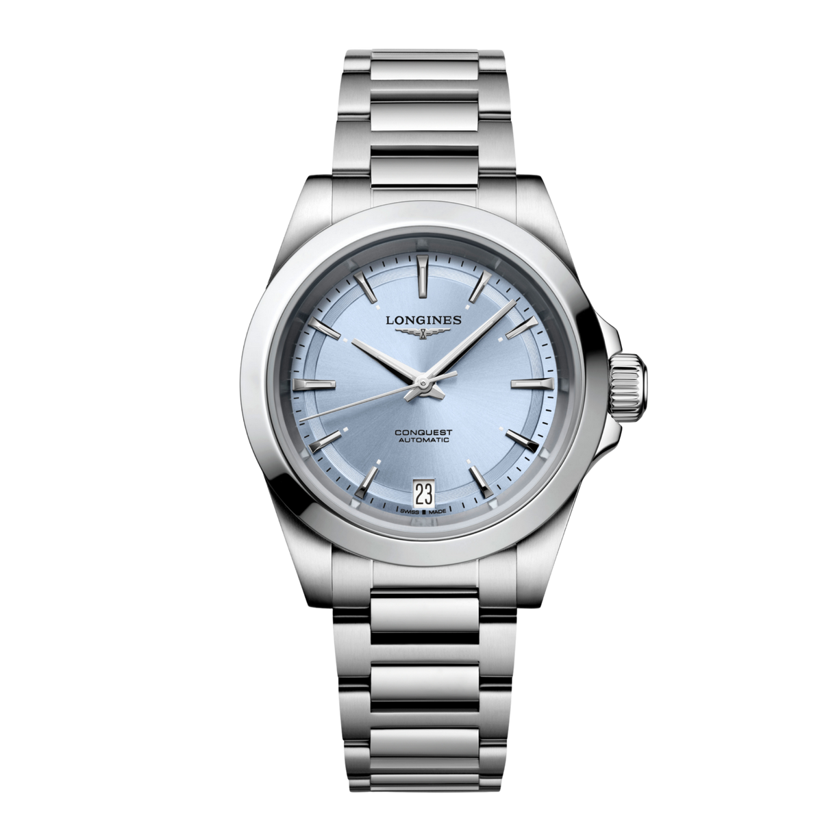 front view of Longines Conquest Automatic ice blue dial watch with stainless steel bracelet and date display