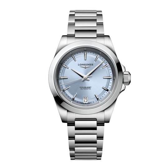 front view of Longines Conquest Automatic ice blue dial watch with stainless steel bracelet and date display
