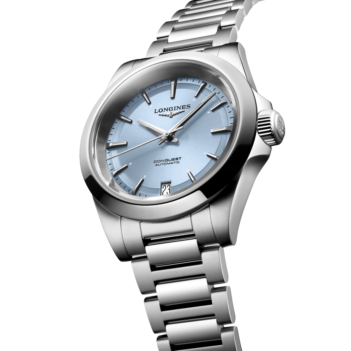 close up of the Longines Conquest ice blue sunray dial showing polished hour markers, silver hands and date window
