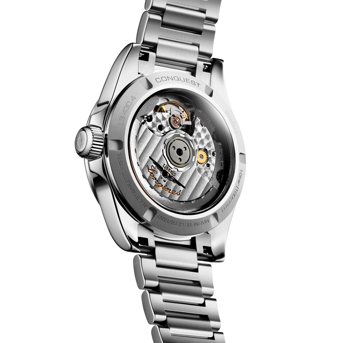 back of Longines Conquest Automatic watch displaying the stainless steel case back and bracelet clasp detail
