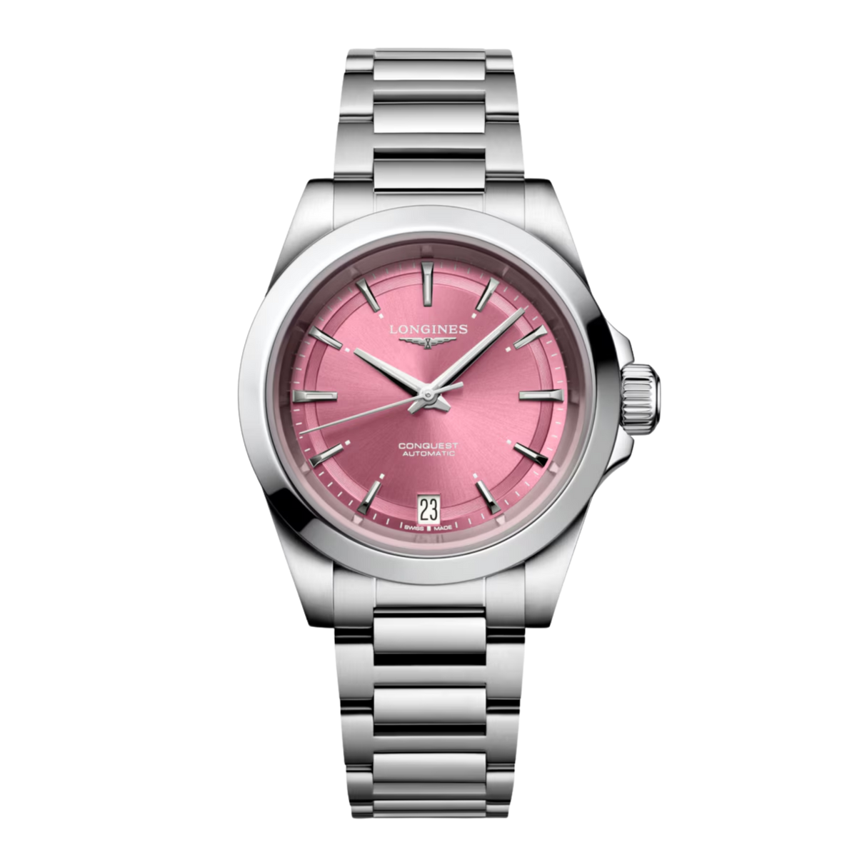 Longines Conquest 34mm automatic watch with sunray pink dial, stainless steel case and matching steel bracelet.