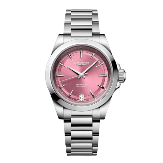 Longines Conquest 34mm automatic watch with sunray pink dial, stainless steel case and matching steel bracelet.
