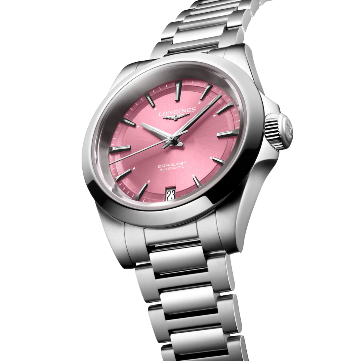 Longines Conquest 34mm Swiss automatic watch with sunray pink dial, date display and up to 72 hours of power reserve.