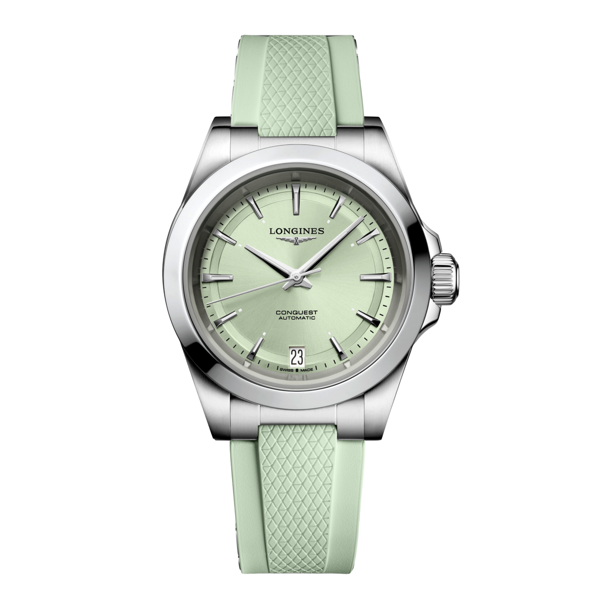 front view of Longines Conquest Automatic sunray green dial watch with textured rubber strap and stainless steel case