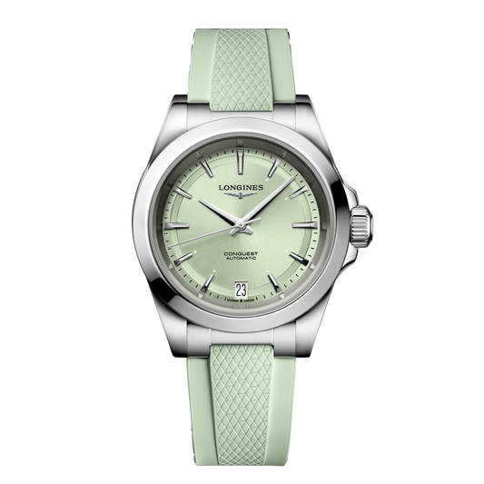 front view of Longines Conquest Automatic sunray green dial watch with textured rubber strap and stainless steel case