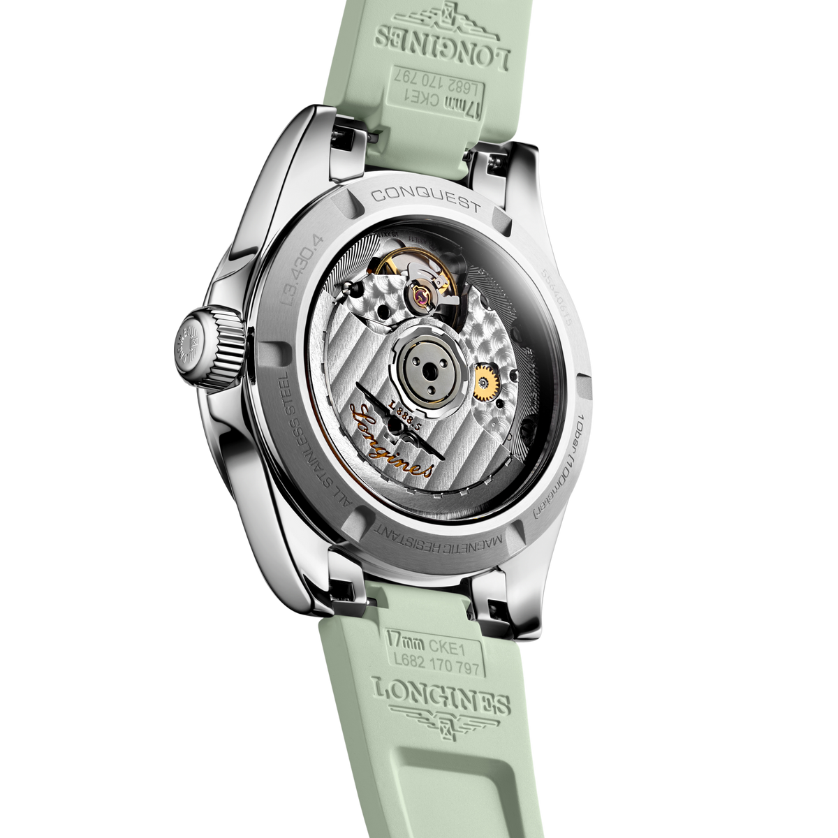 back of Longines Conquest Automatic watch showing the stainless steel case back and textured rubber strap fastening
