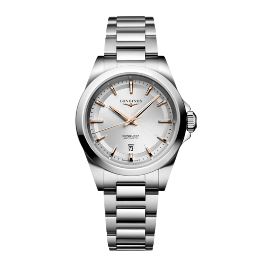 front view of Longines Conquest Automatic silver dial watch with rose gold tone hour markers and stainless steel bracelet